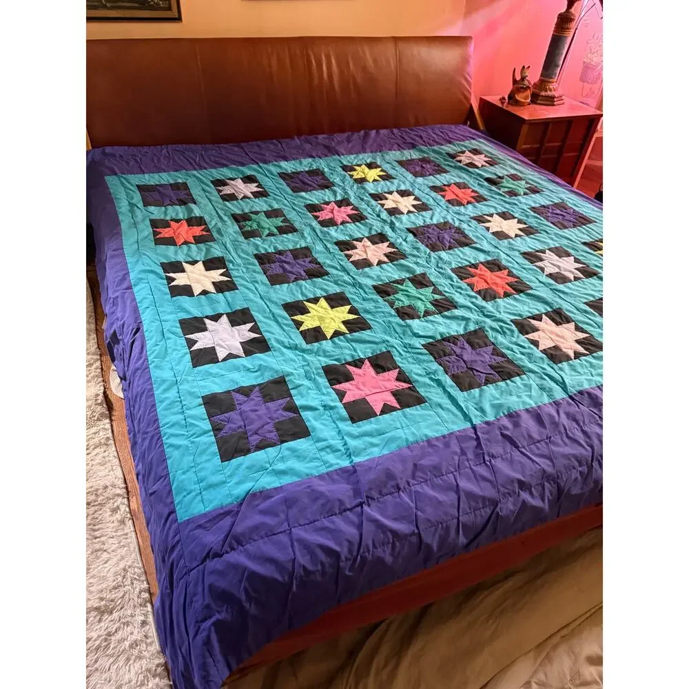 Vintage Handmade Patchwork Quilt King Size Hand Sewn Colorful Star Geometric